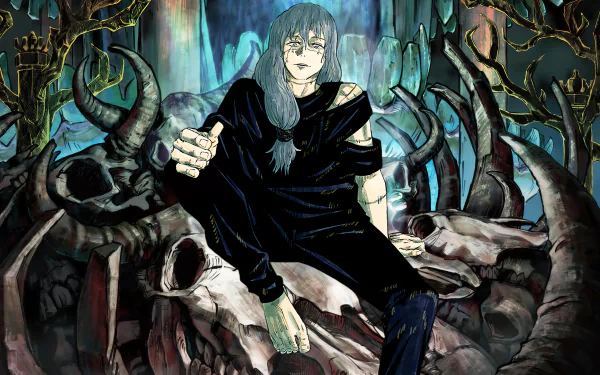 HD desktop wallpaper featuring Mahito from Jujutsu Kaisen, sitting amidst dark, mystical roots and trees.