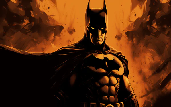 HD desktop wallpaper featuring the iconic Batman standing heroically with an intense orange backdrop.