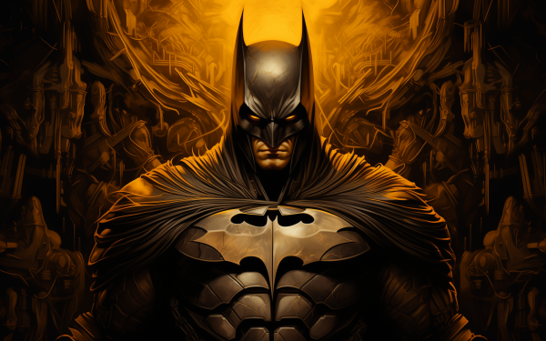 HD Batman desktop wallpaper featuring a dramatic illustration of the iconic superhero poised for action against a stylized Gotham City background.