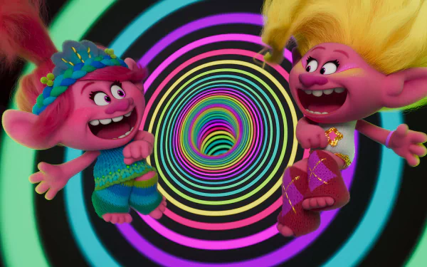 HD desktop wallpaper featuring colorful Trolls characters with exuberant expressions, banding together in front of a vibrant, psychedelic spiral background. #TrollsBandTogether #Wallpaper