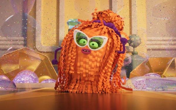 High-definition desktop wallpaper featuring a vibrant character from Trolls Band Together with a sparkling background