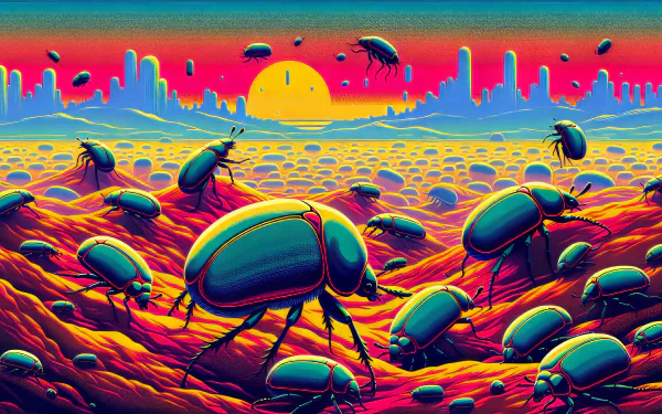 Vibrant HD desktop wallpaper featuring a surreal beetle-theme landscape with colorful insects and a sun setting in the background.