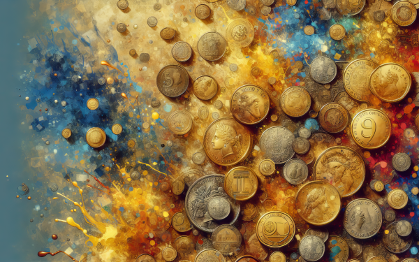 A vivid HD desktop wallpaper featuring an assortment of world coins amid a dynamic splash of colorful paint, ideal for a financial or artistic themed background.