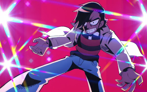 HD wallpaper from Scott Pilgrim Takes Off featuring an animated character ready for action against a vibrant pink background.