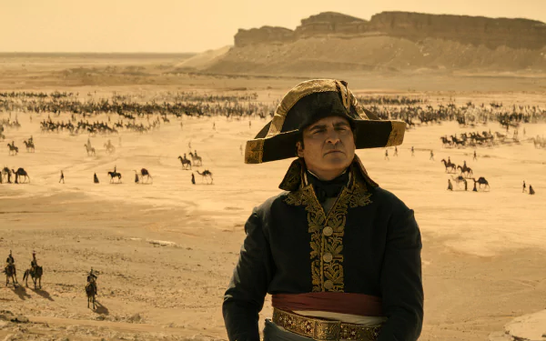 HD wallpaper of a person dressed as Napoléon with an expansive battlefield in the background, suited for desktop backgrounds.