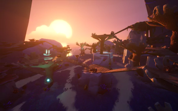 HD desktop wallpaper of Blazing Sails game featuring a serene sunset view over a fantastical pirate landscape with wooden structures and glowing blue orbs.