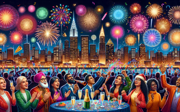 Vibrant New Year's Eve celebration wallpaper featuring animated people enjoying fireworks over a cityscape.