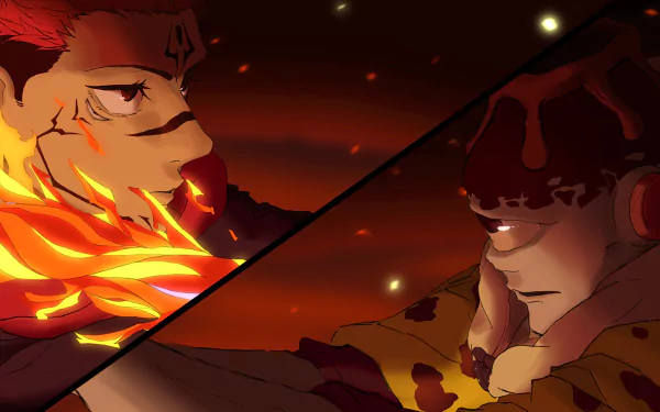 HD PC desktop wallpaper featuring Sukuna and Jogo from the anime Jujutsu Kaisen in a fiery, intense face-off scene.