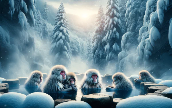 A serene winter scene featuring snow monkeys relaxing in a hot spring, surrounded by snow-covered trees and mist, creating a tranquil HD desktop wallpaper.