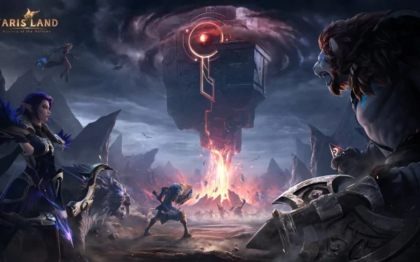 HD wallpaper of Tarisland featuring a dramatic battle scene with mystical characters and a hovering fortress emitting fiery energy.