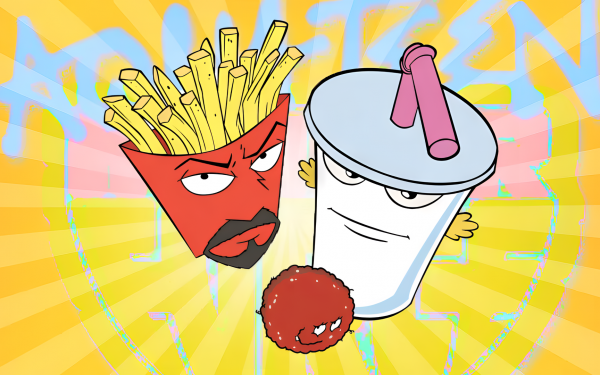 HD wallpaper featuring colorful animated characters from Aqua Teen Hunger Force, with a vivid, abstract background.