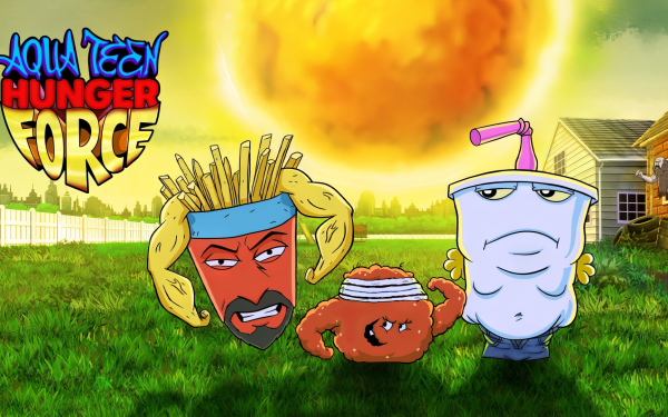 Aqua Teen Hunger Force characters displayed on a vibrant HD desktop wallpaper with a fiery explosion in the background.