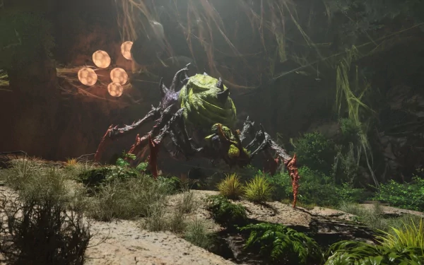 HD desktop wallpaper from ARK: Survival Ascended depicting a detailed monstrous creature in a dark, lush environment.