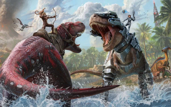 HD desktop wallpaper for ARK: Survival Ascended featuring intense battle scene with a tamed T-Rex fighting another dinosaur, with warriors and prehistoric scenery in the background.