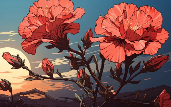 HD wallpaper featuring a vibrant illustration of red carnations with a mountainous sunset background.