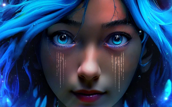 A digital artistic depiction of a woman in blue hues, creating a striking HD desktop wallpaper and background.