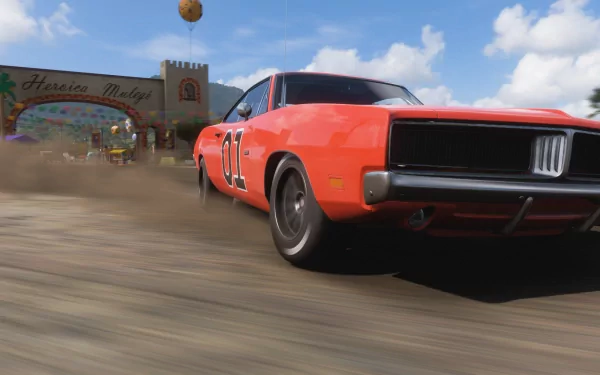 HD PC desktop wallpaper featuring a dynamic orange car racing through a dirt track in the video game Forza Horizon 5.