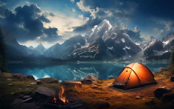 HD wallpaper featuring a serene camping scene with an orange tent beside a tranquil lake, campfire glowing at dusk, and majestic snow-capped mountains in the background.