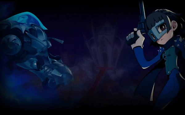 HD wallpaper featuring Persona 5 Tactica character in dynamic pose with shadowy figures and castle backdrop for desktop background.