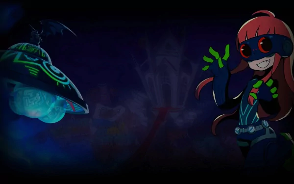 HD Persona 5 Tactica wallpaper featuring a stylized character with red hair and goggles alongside a mystical floating hat against a dark, moody background.