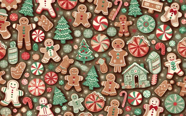 Colorful gingerbread cookies, including gingerbread men, trees, and candy canes, create a festive scene in this HD desktop wallpaper and background. Cheerful holiday spirit is captured vividly.