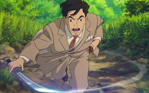 Animated character drawing a sword in a vibrant forest setting, HD wallpaper titled The Boy and the Heron.