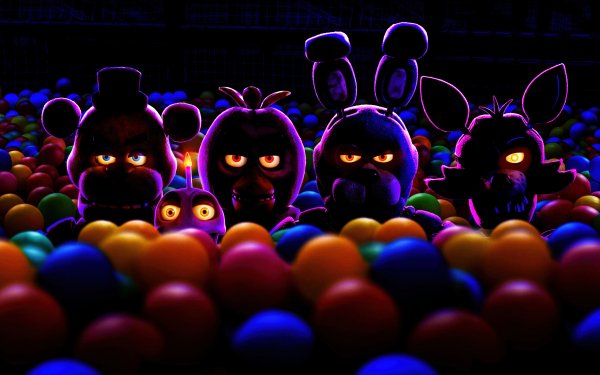 Five Nights at Freddy's characters peeking out from a colorful ball pit in HD desktop wallpaper background.