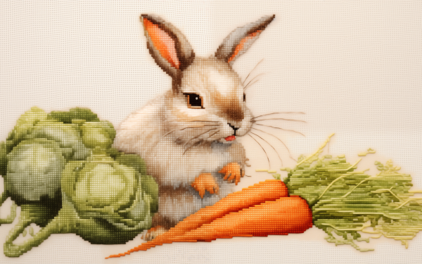HD wallpaper of a cute rabbit with carrots and greens, perfect for desktop background.
