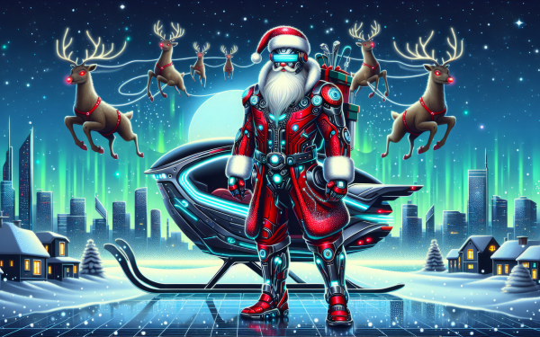 Futuristic Santa Claus with reindeer and high-tech sleigh in a stylized cityscape, HD wallpaper for festive desktop background.