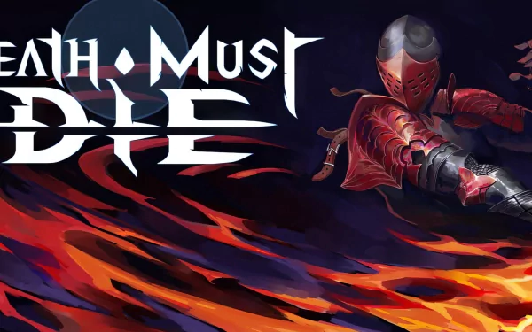 HD desktop wallpaper featuring a dynamic illustration from Death Must Die with a knight in red armor fighting amid fiery waves.