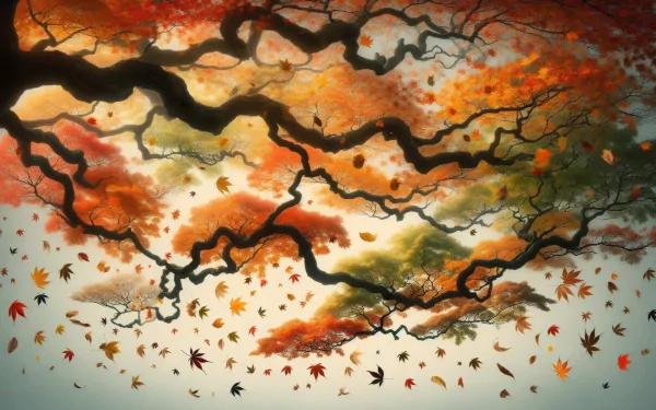 HD wallpaper of autumn leaves falling from colorful trees for desktop background.