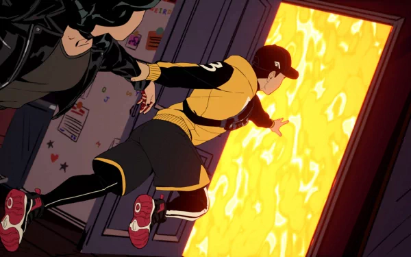 HD wallpaper of Stray Gods: The Roleplaying Musical, featuring animated characters in dynamic action, one reaching towards a glowing portal.