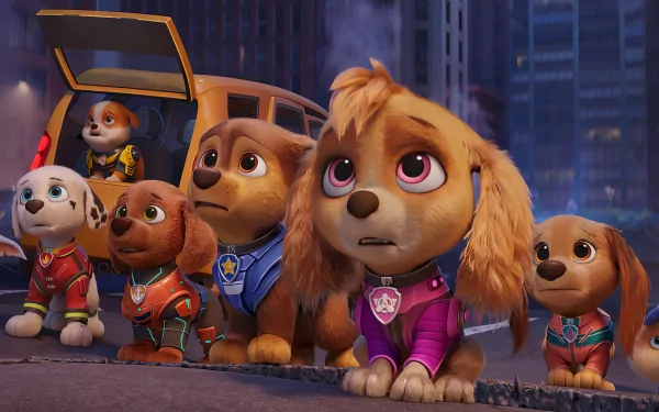 PAW Patrol: The Mighty Movie HD wallpaper featuring animated characters Chase, Skye, and team in action poses with a city backdrop.