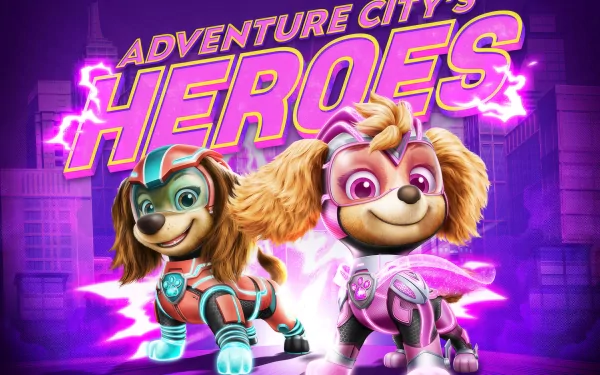HD desktop wallpaper featuring characters from PAW Patrol: The Mighty Movie with the text 'Adventure City's Heroes' in the backdrop.