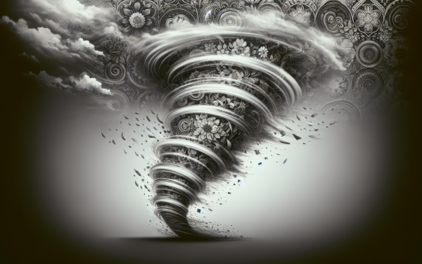 HD desktop wallpaper of an artistic black and white tornado with intricate patterns in the background.
