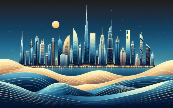 Illustration of Dubai skyline silhouette with surreal sand dunes as an HD desktop wallpaper.