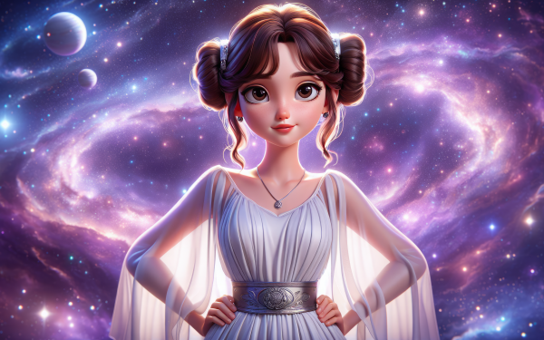 HD desktop wallpaper featuring an animated interpretation of Princess Leia with a cosmic galaxy background.