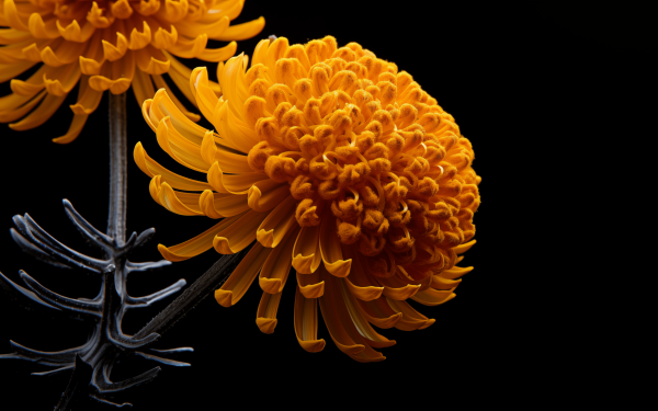 Vibrant yellow chrysanthemum flower HD wallpaper on a black background, ideal for desktop or background use.