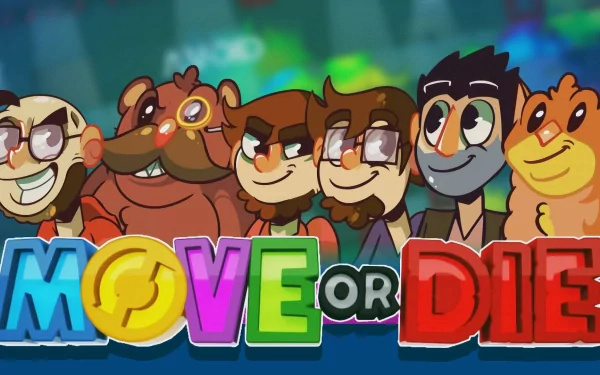 HD desktop wallpaper featuring characters from the game Move or Die with vibrant logo.