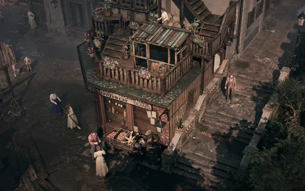 HD desktop wallpaper of a mystical Thaumaturge scene with detailed illustration of a bustling, old-world street and intriguing architecture.