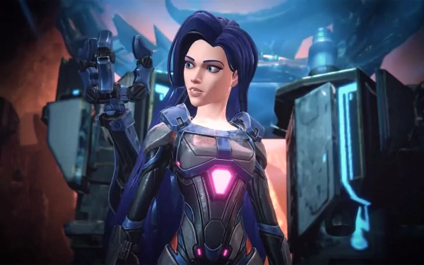 A high-definition desktop wallpaper from the video game Trinity Fusion, featuring a character with long purple hair and a futuristic armored outfit, set against a sci-fi backdrop.