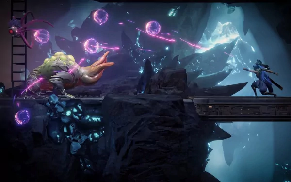 HD desktop wallpaper featuring an action-packed scene from Trinity Fusion, with a character on the right firing energy beams at an imposing creature on the left, set against a dynamic, sci-fi backdrop.