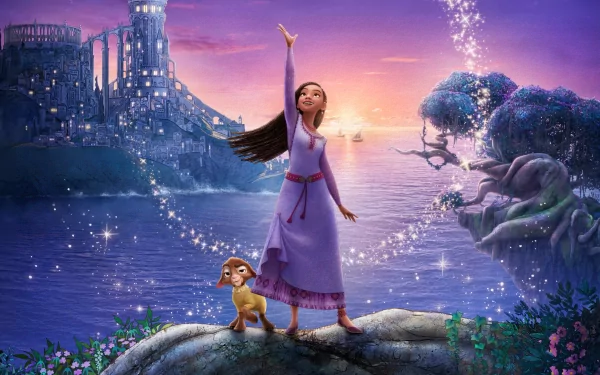 Wish 2023 animated movie HD wallpaper featuring a girl with a dog on a magical cliff at sunset with a castle in the background.