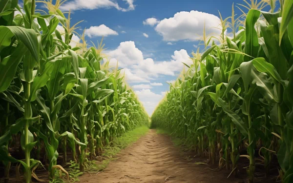 A serene view of tall cornstalks standing on either side of a dirt path, under a bright blue sky with fluffy clouds, creating an inviting HD desktop wallpaper.