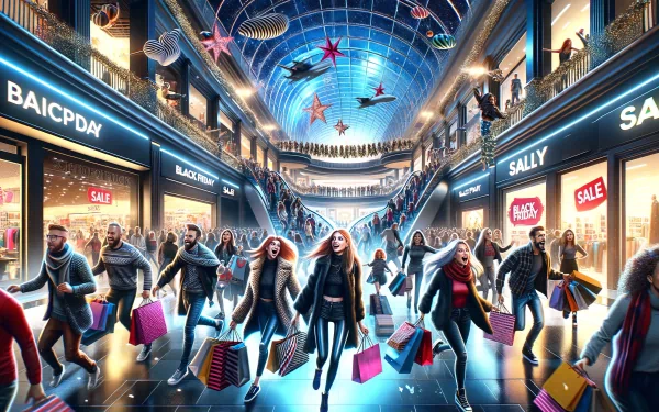 A vibrant HD desktop wallpaper depicting a bustling shopping mall scene during Black Friday, with enthusiastic shoppers carrying colorful bags and festive decorations overhead.