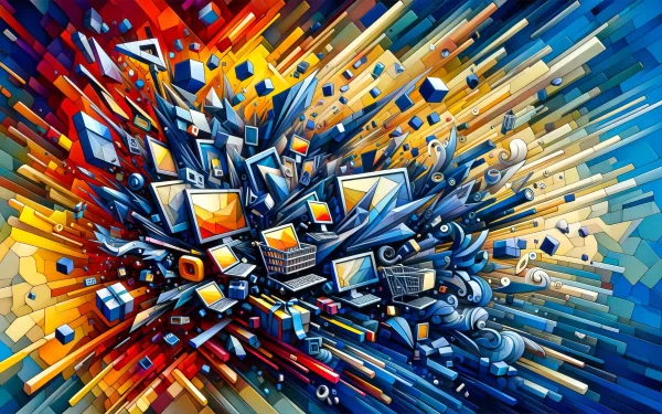HD desktop wallpaper of a vibrant abstract explosion of cyber deals and shopping themes for Cyber Monday.