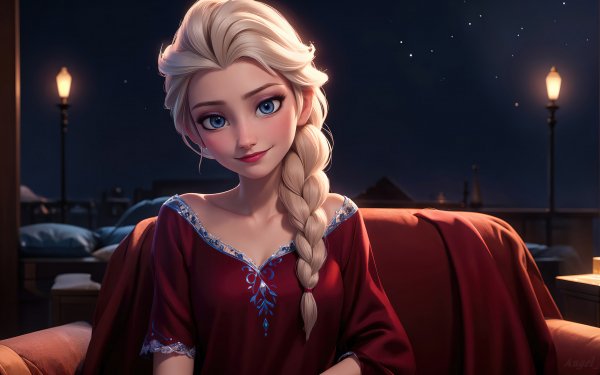 HD desktop wallpaper featuring Elsa from Frozen with a night-time backdrop, ideal for personalizing computer screens with an animated royal touch.