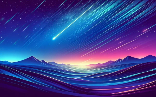 HD desktop wallpaper featuring a vivid shooting star streaking across a dynamic purple and blue twilight sky over silhouetted mountains.