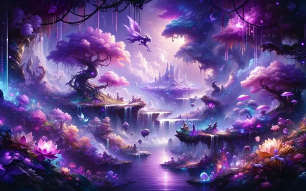HD desktop wallpaper featuring a mystical purple aesthetic with enchanting trees, floating islands, and magical lotus flowers.