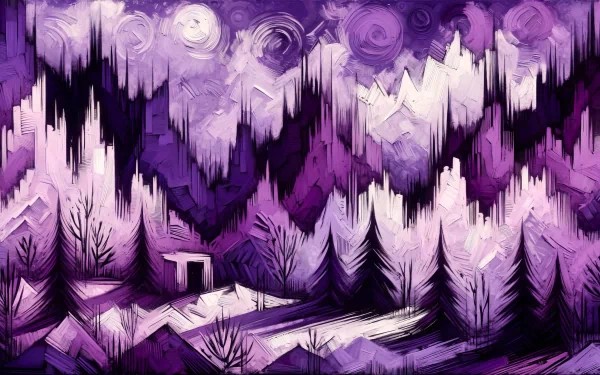 A vibrant HD desktop wallpaper showcasing a dreamy purple landscape with jagged mountains and abstract trees, embodying a striking purple aesthetic.